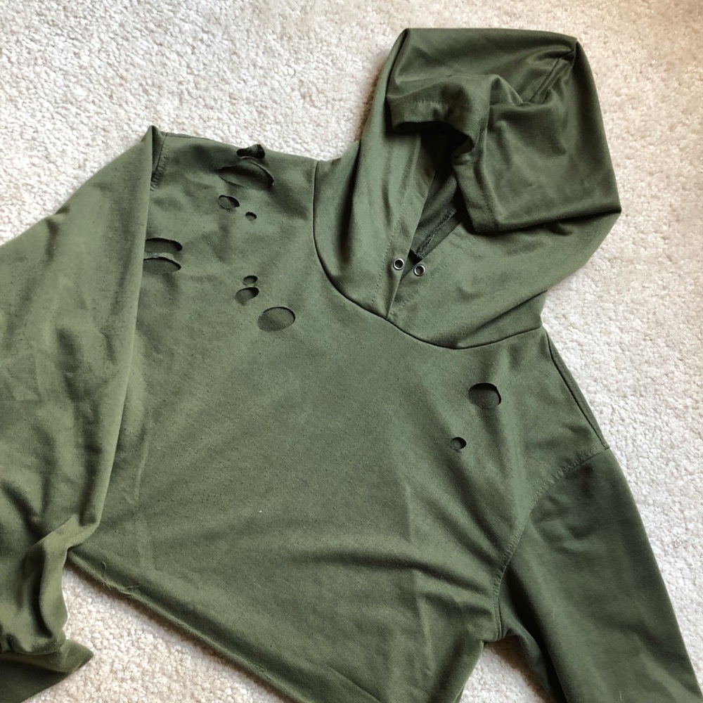 Distressed olive green crop hoodie